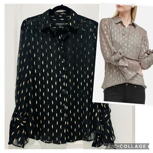 Banana Republic Women's Black Dillon Shirt Metallic Print Tie Cuffs Size Small